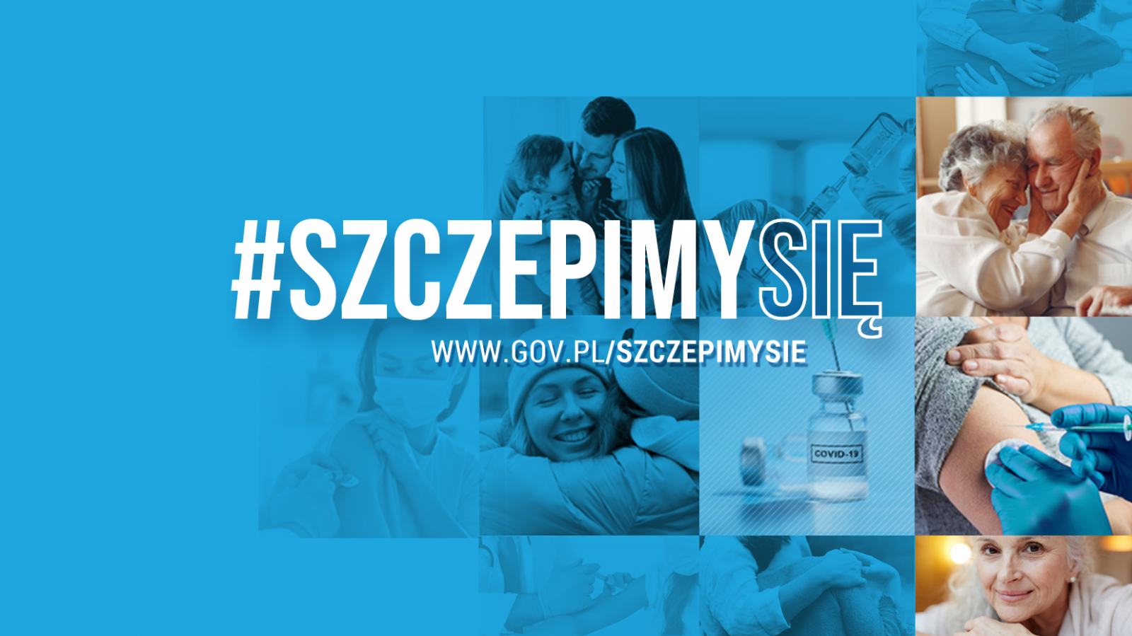 zdjęcie, akcja szczepimy sie, widok szczepionki w butelce i szczęśliwi ludzie